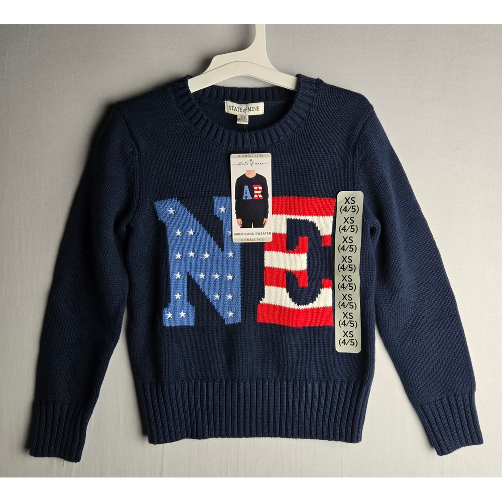 State of Mine Kids Americana Sweater Navy Blue Red White Stars Stripes XS 4/5